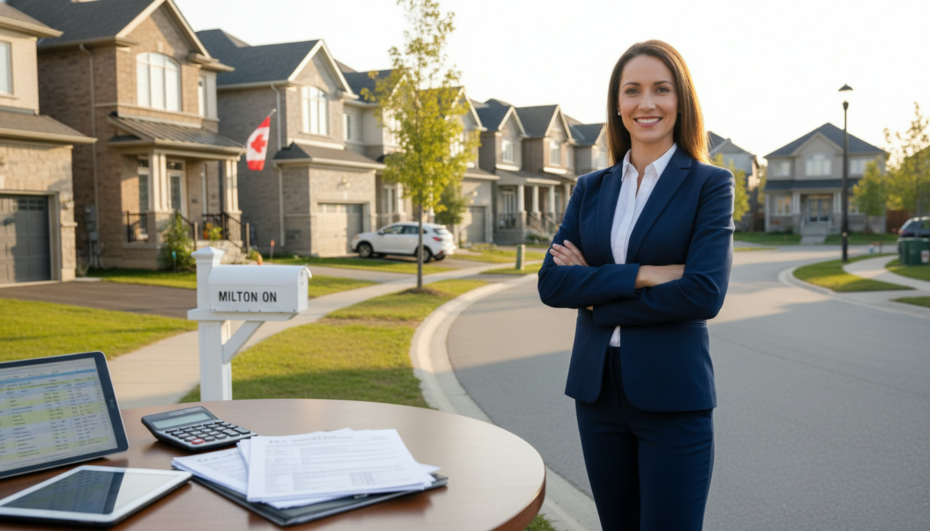 Real estate agent with tax documents in front of Milton Ontario homes, representing foreign seller tax guidance