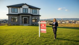 Newly built house for sale in Milton Ontario with For Sale sign and agent holding contract.