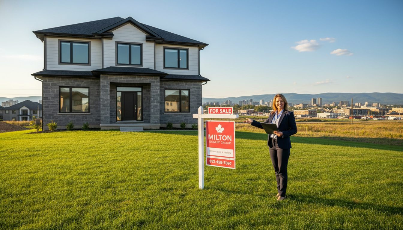 Newly built house for sale in Milton Ontario with For Sale sign and agent holding contract.