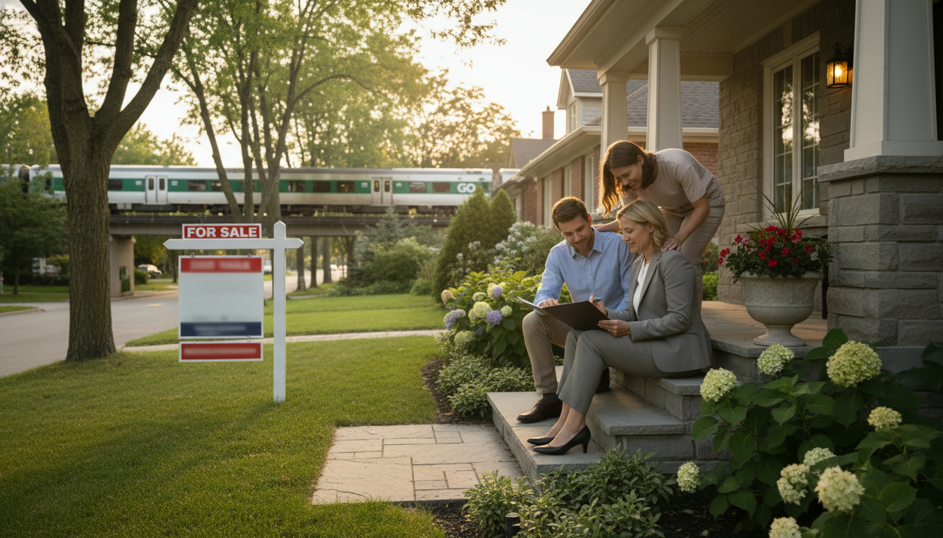 Real estate agent consulting family on front steps of a Milton Ontario home with GO train visible in the distance