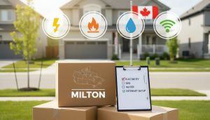 Moving boxes, checklist and utility icons with a map outline of Milton, Ontario in the background