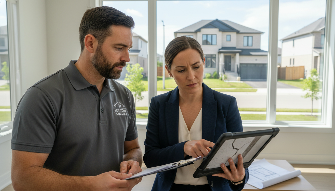 Realtor and home inspector reviewing a pre-listing inspection report in a Milton, Ontario home