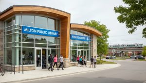 Milton Ontario community centre with library and gym entrance, people arriving, GO train visible in the distance