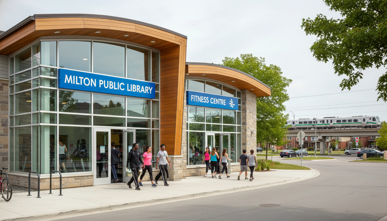 Milton Ontario community centre with library and gym entrance, people arriving, GO train visible in the distance