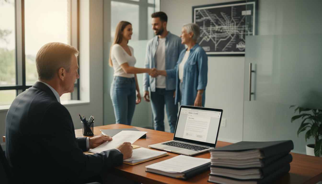 Milton real estate lawyer handling closing day documents with buyer and seller in modern office