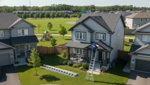 Home inspector reviewing roof and exterior of a suburban Milton Ontario house with clipboard and ladder