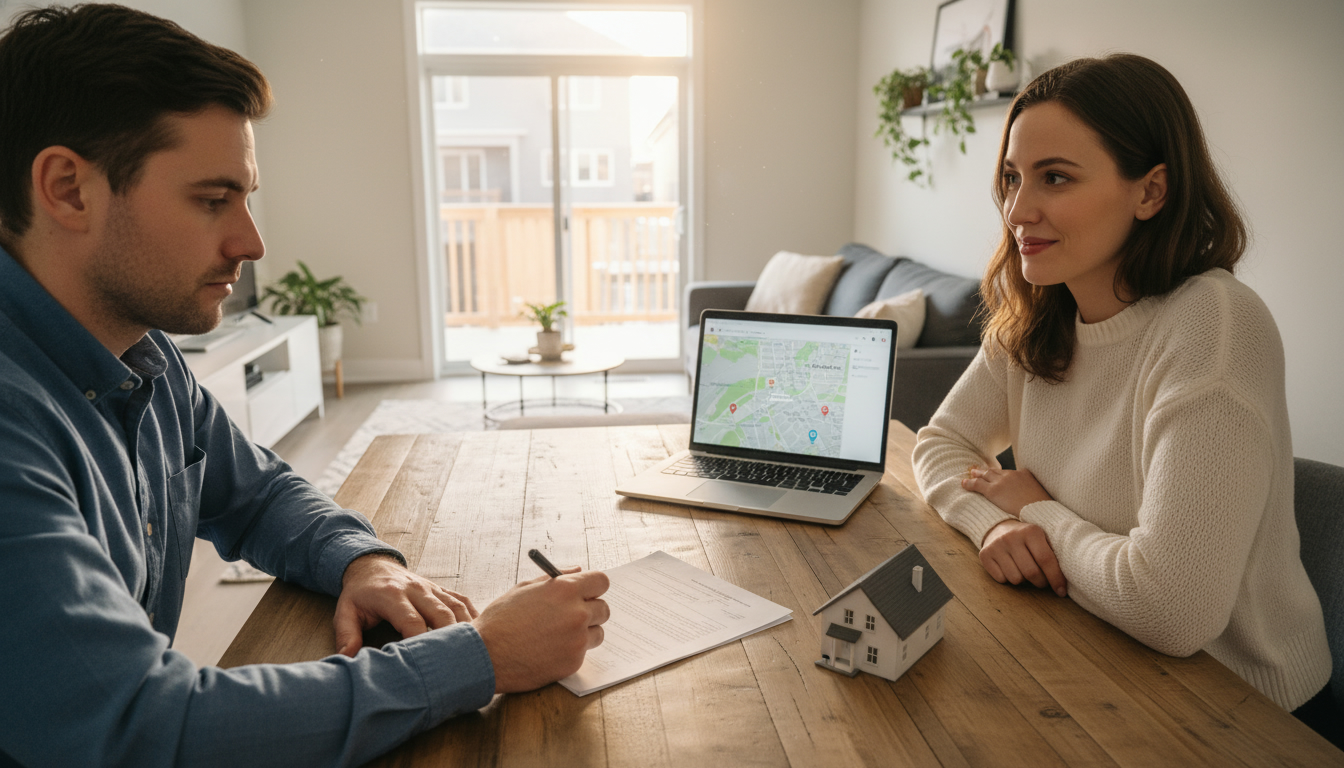 Real estate negotiation in a Milton home with buyer and seller reviewing a contract