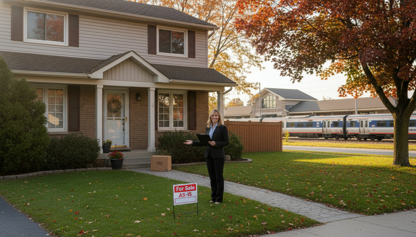 Milton Ontario suburban home for sale as-is with realtor and For Sale As-Is sign on lawn