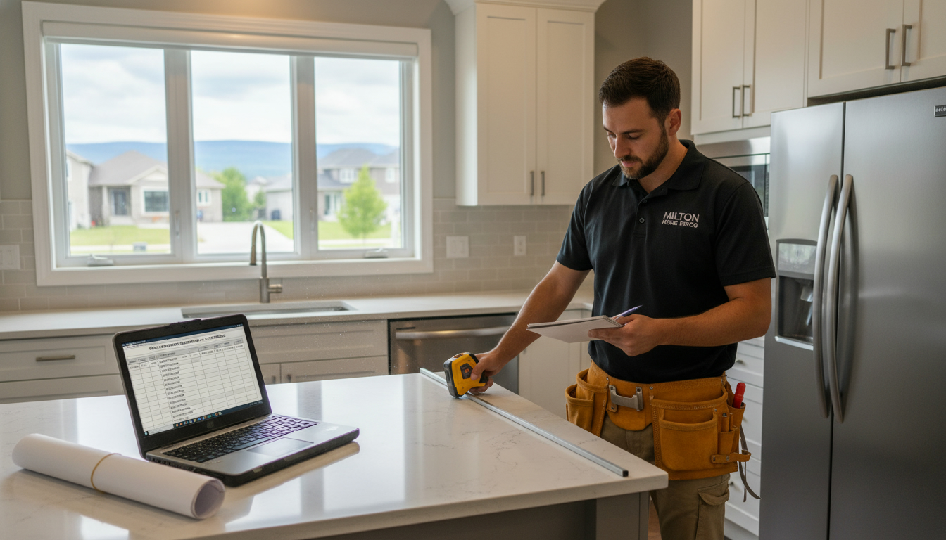 Contractor measuring a kitchen with laptop showing renovation cost spreadsheet in a Milton, Ontario home