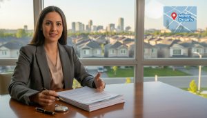 Real estate agent reviewing an offer with a stopwatch and Milton, Ontario neighborhood in background