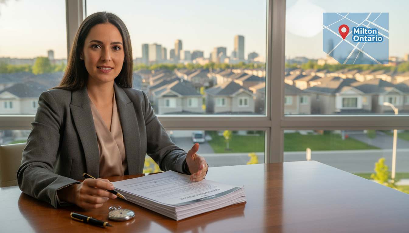 Real estate agent reviewing an offer with a stopwatch and Milton, Ontario neighborhood in background