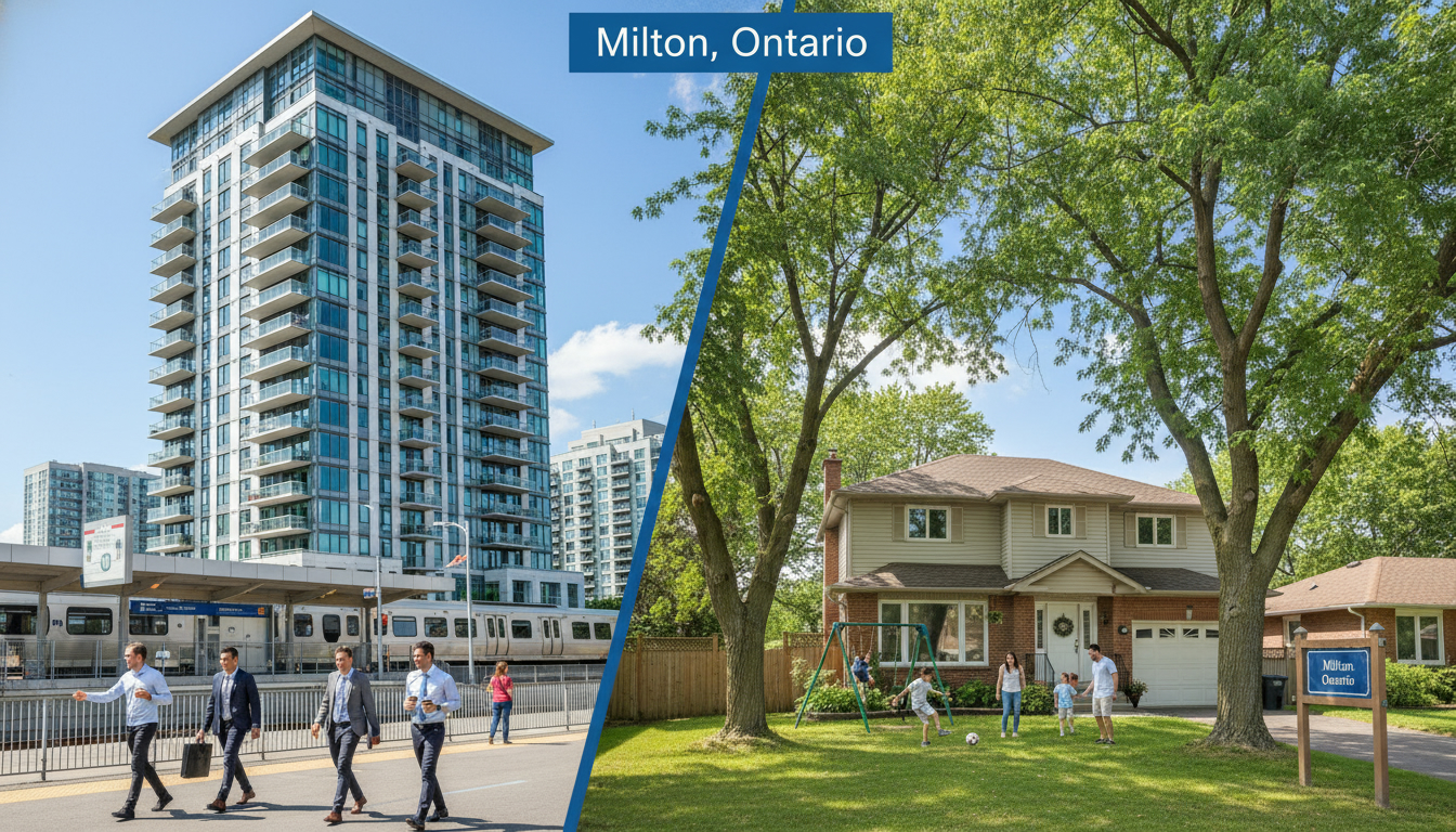 Split image showing modern Milton condo near transit and a detached house with yard, representing the condo vs house choice in Milton Ontario.