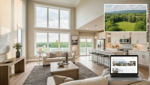 Professionally staged open-concept living room in Milton, Ontario with laptop showing online listing and drone view of backyard and escarpment.