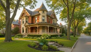 Victorian heritage home in Milton Ontario with brick exterior and wraparound porch during golden hour