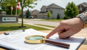 Close-up of property title documents and magnifying glass with a Milton, Ontario house in the background.