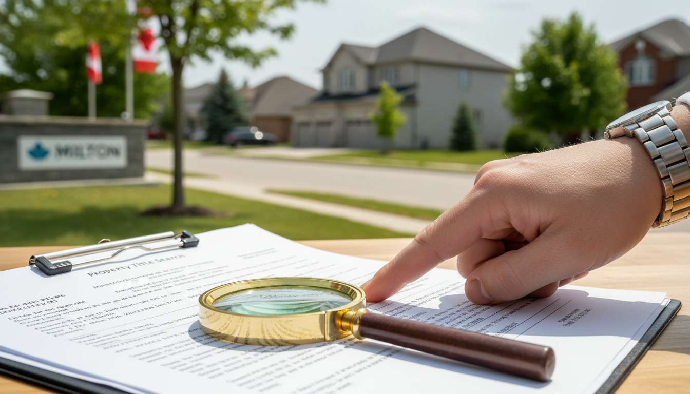 Close-up of property title documents and magnifying glass with a Milton, Ontario house in the background.