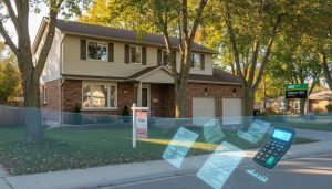 Milton Ontario home for sale with visual underwater mortgage metaphor and For Sale sign