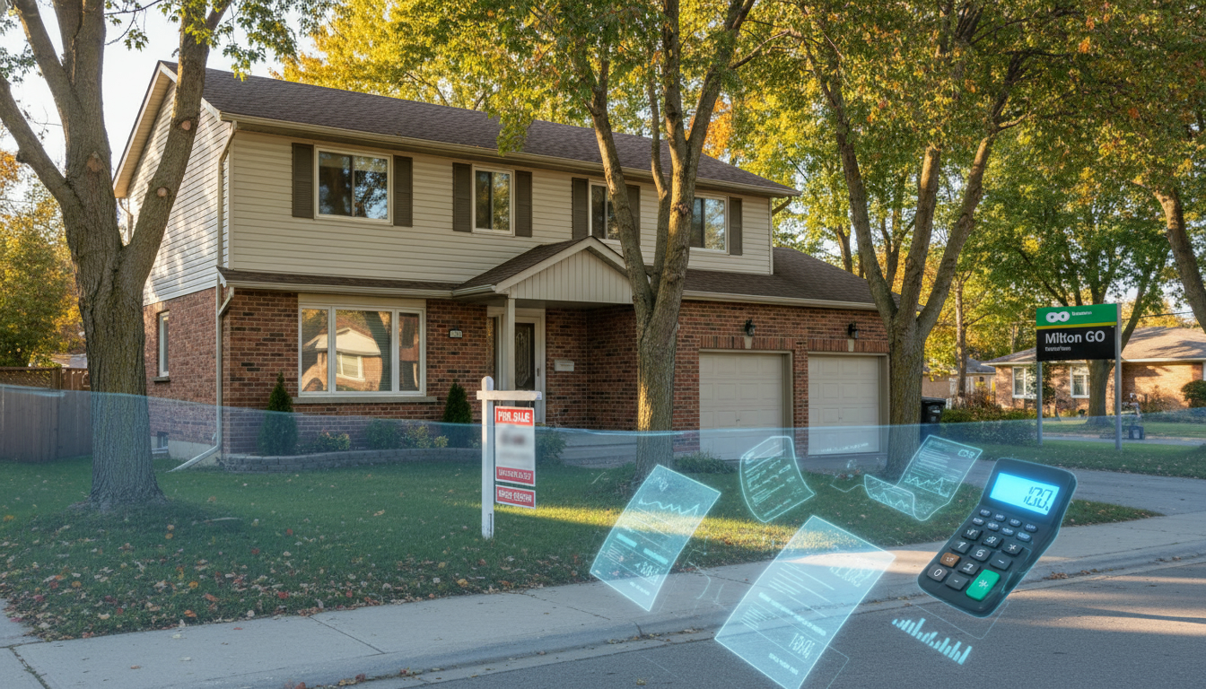 Milton Ontario home for sale with visual underwater mortgage metaphor and For Sale sign