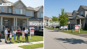Split image of Milton, Ontario showing a busy sold open house and a quiet street with for sale signs representing buyer vs seller markets