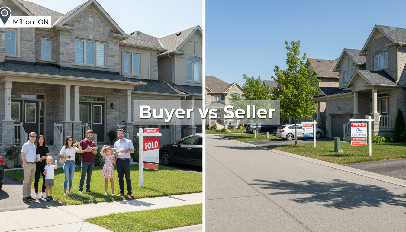 Split image of Milton, Ontario showing a busy sold open house and a quiet street with for sale signs representing buyer vs seller markets