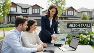 Real estate agent discussing market map with clients in a Milton, Ontario neighborhood