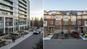 Split-view of a Milton mid-rise condo and a row of townhouses showing maintenance activities like landscaping and roof inspection.