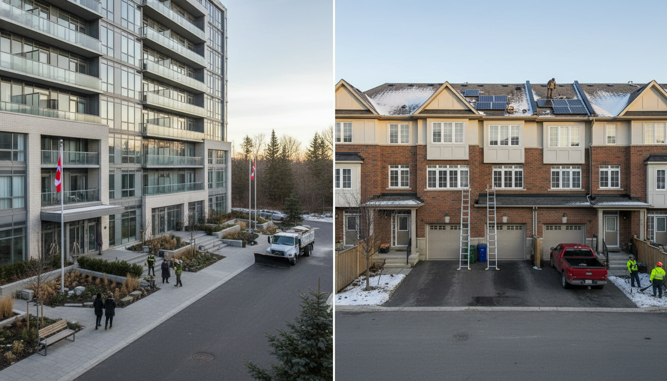 Split-view of a Milton mid-rise condo and a row of townhouses showing maintenance activities like landscaping and roof inspection.