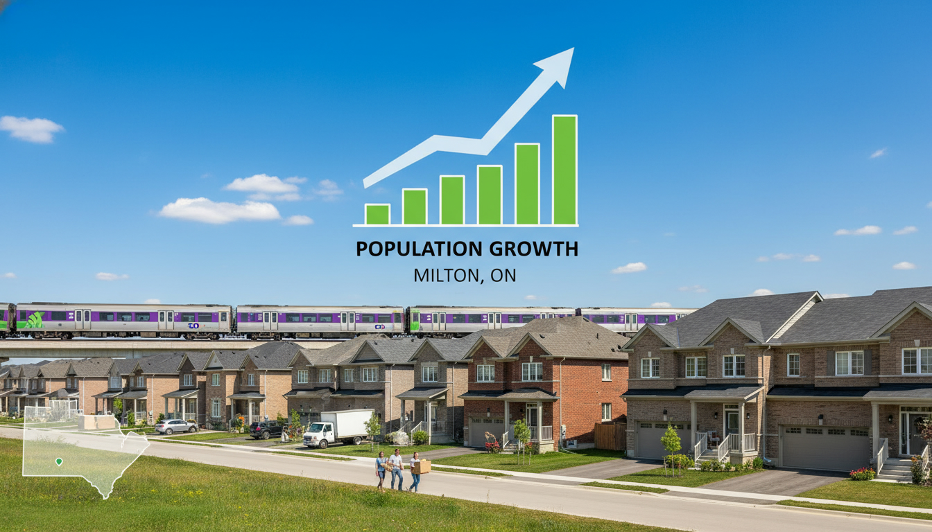 Milton Ontario suburban homes, GO Train, rising demand chart and families moving boxes illustrating migration-driven property demand