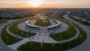 Aerial view of Milton GO Station with buses, commuters, and nearby residential area illustrating improved public transit in Milton, Ontario.