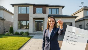 Realtor holding keys in front of a Milton, Ontario home with a contract overlay showing subject-to financing and inspection checkboxes.