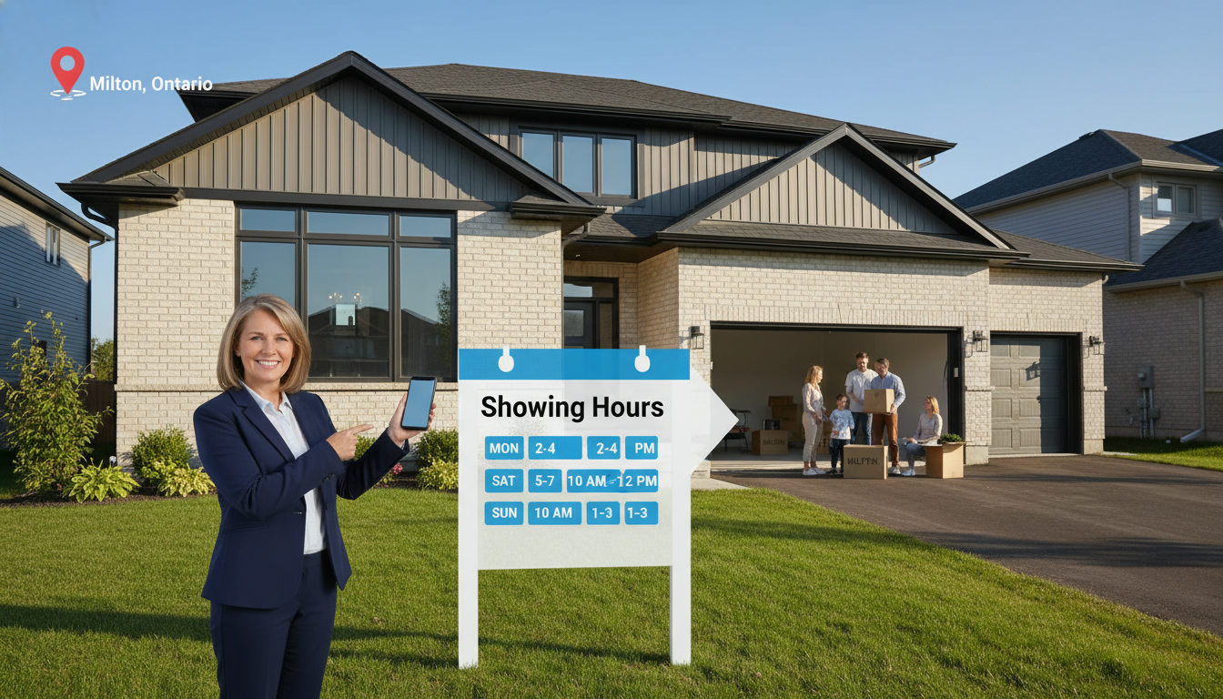 Milton home with showing hours sign, calendar overlay, realtor with smartphone, family packing in background