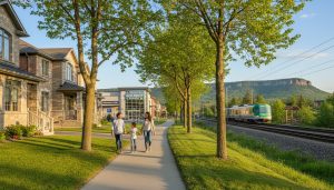 Family walking on a tree-lined street in a Milton, Ontario neighborhood with homes, GO train tracks and Escarpment trail visible