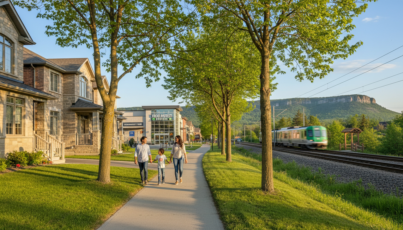 Family walking on a tree-lined street in a Milton, Ontario neighborhood with homes, GO train tracks and Escarpment trail visible