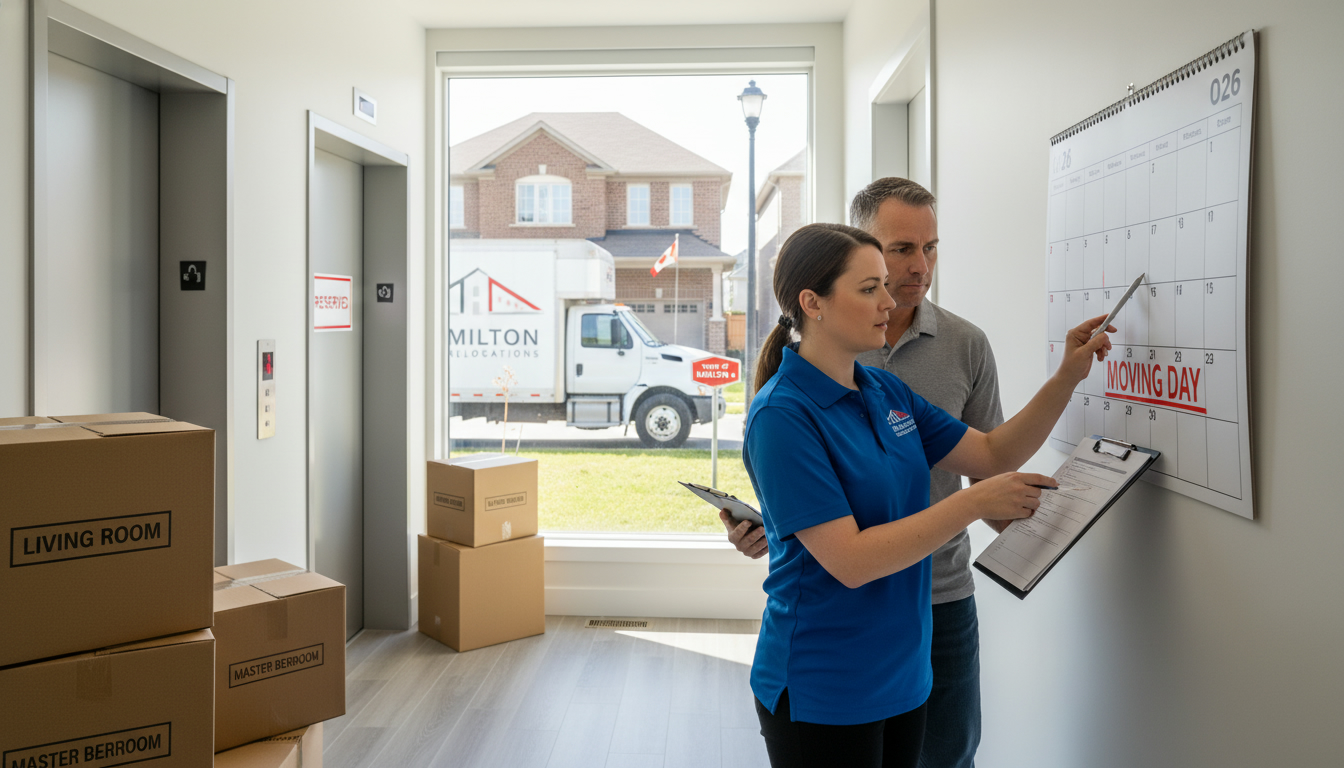 Moving coordinator pointing at calendar with moving truck and boxes outside a Milton, Ontario home