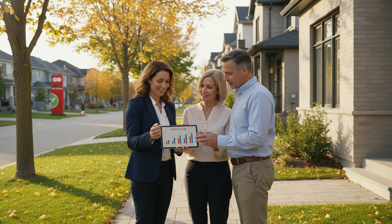 Realtor advising homeowners outside a suburban home in Milton, Ontario with GO train station visible in background.