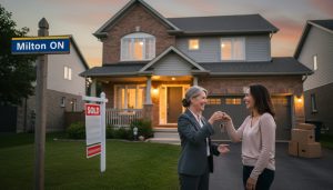 Milton Ontario home with Sold sign, realtor handing keys to seller, moving boxes visible
