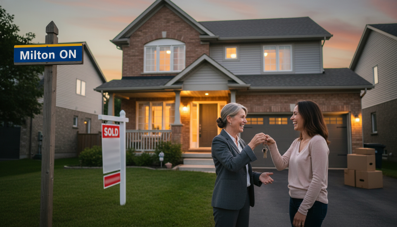 Milton Ontario home with Sold sign, realtor handing keys to seller, moving boxes visible
