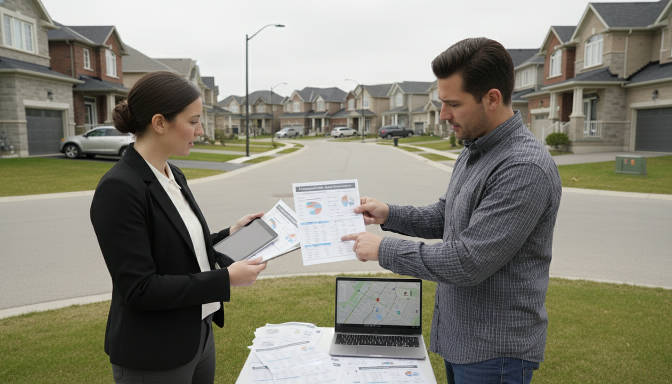 Appraiser reviewing comparable sales with homeowner on a Milton street; printed MLS sheets and tablet visible.