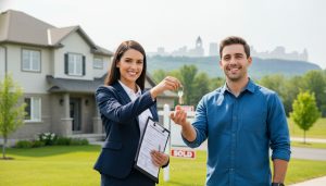 Milton homeowner receiving keys from realtor with CRA tax form and checklist visible, suburban home in background.