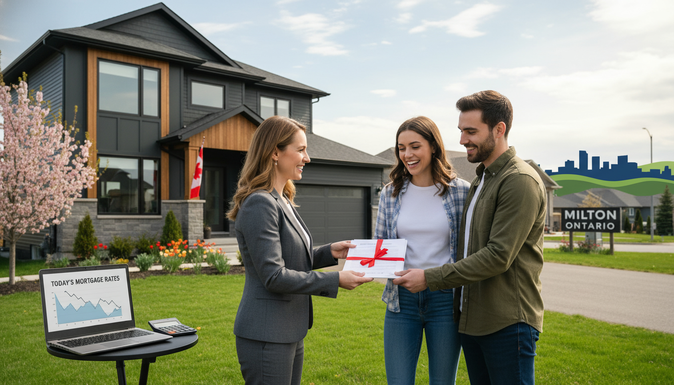 Realtor handing mortgage documents to a couple in front of a suburban home in Milton, Ontario with laptop showing mortgage rates.