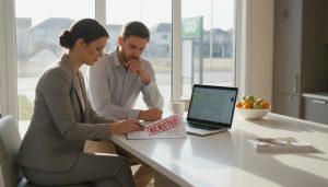 Realtor and buyer reviewing a rejected offer document in a Milton, Ontario home