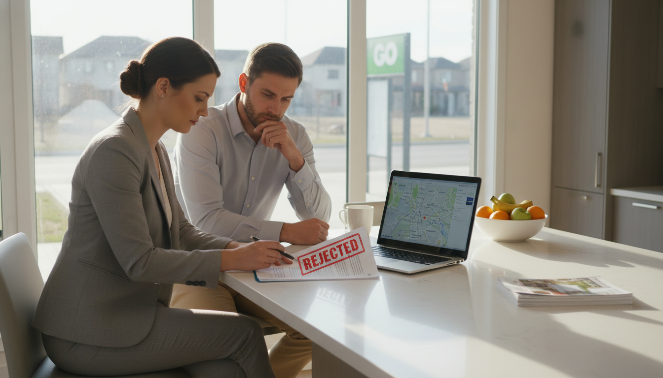 Realtor and buyer reviewing a rejected offer document in a Milton, Ontario home