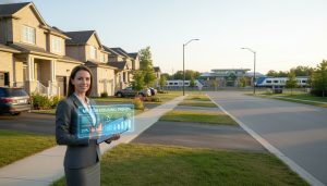 Milton Ontario neighborhood with real estate agent and market charts overlay