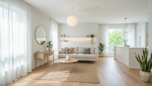 Staged small living room in Milton with mirror, natural light and low-profile furniture making the room look larger