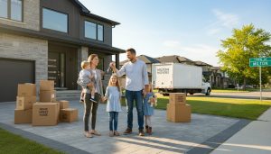 Family receiving house keys outside a new home in Milton, Ontario with moving boxes on the front lawn.