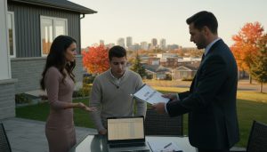 Realtor handing inspection report to buyers outside a Milton Ontario house during negotiation