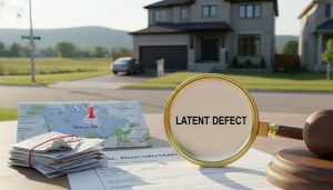 Suburban Milton house with disclosure form highlighting 'latent defect', invoices and a gavel indicating legal risk