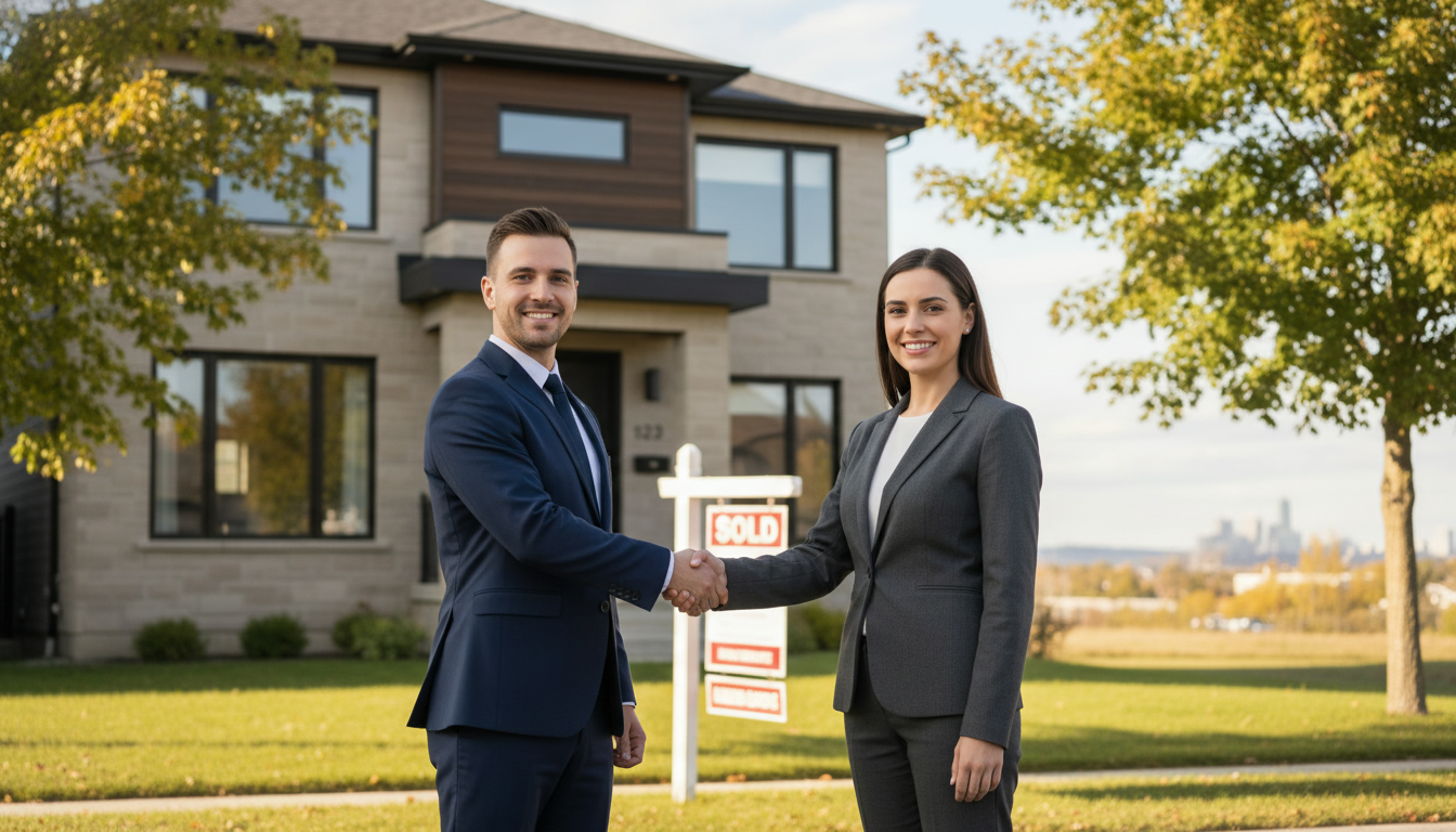 Mortgage broker and bank lender shaking hands in front of a Milton, Ontario home with a 'Sold' sign