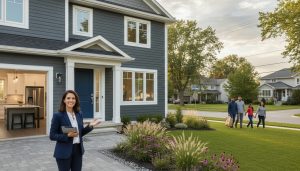 Renovated suburban home in Milton, Ontario with agent on driveway and updated kitchen visible.