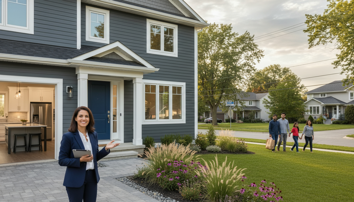 Renovated suburban home in Milton, Ontario with agent on driveway and updated kitchen visible.